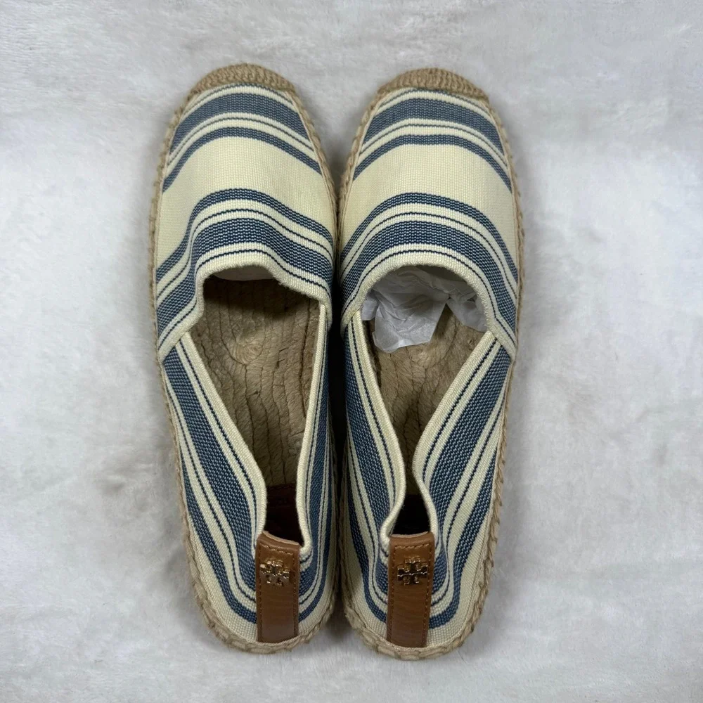 Tory Burch Striped Canvas Espadrille Flats Cream Blue Brown Slip On Shoes 9